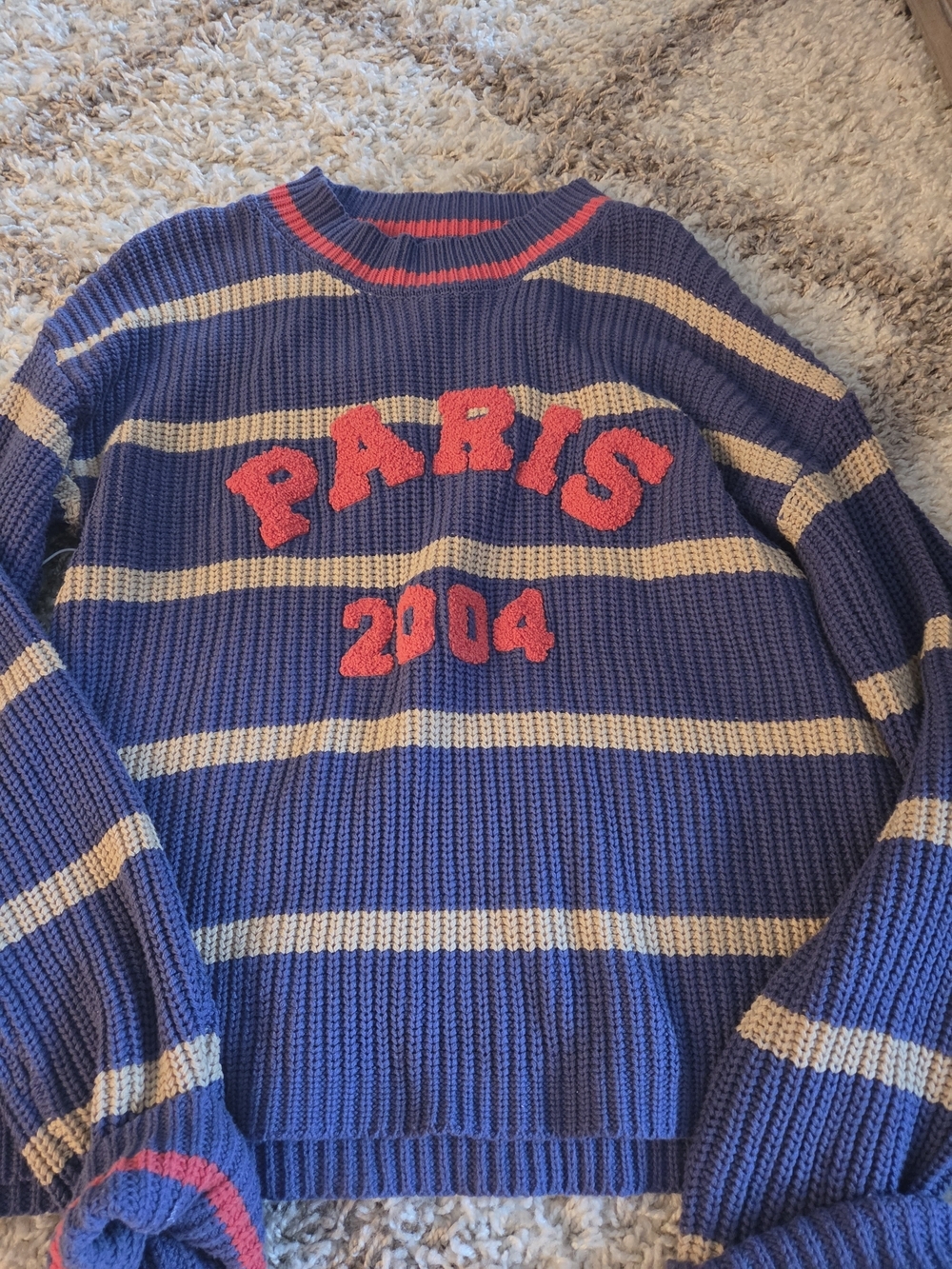 Altar'd State Blue Cream Striped 'Paris 2004' Crewneck Sweater with Pink Accents
